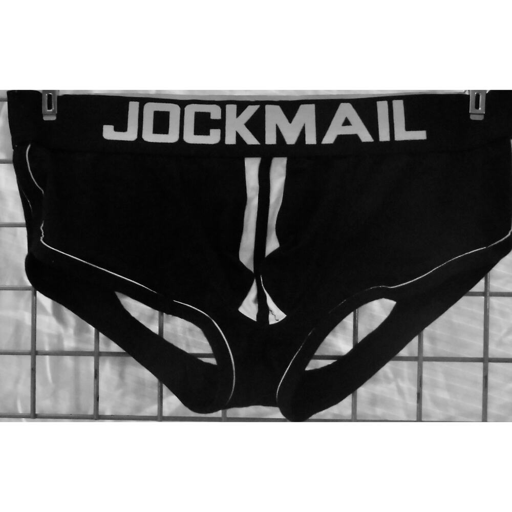 Mens Buttless/Open Back Jockmail Briefs Black/White Medium